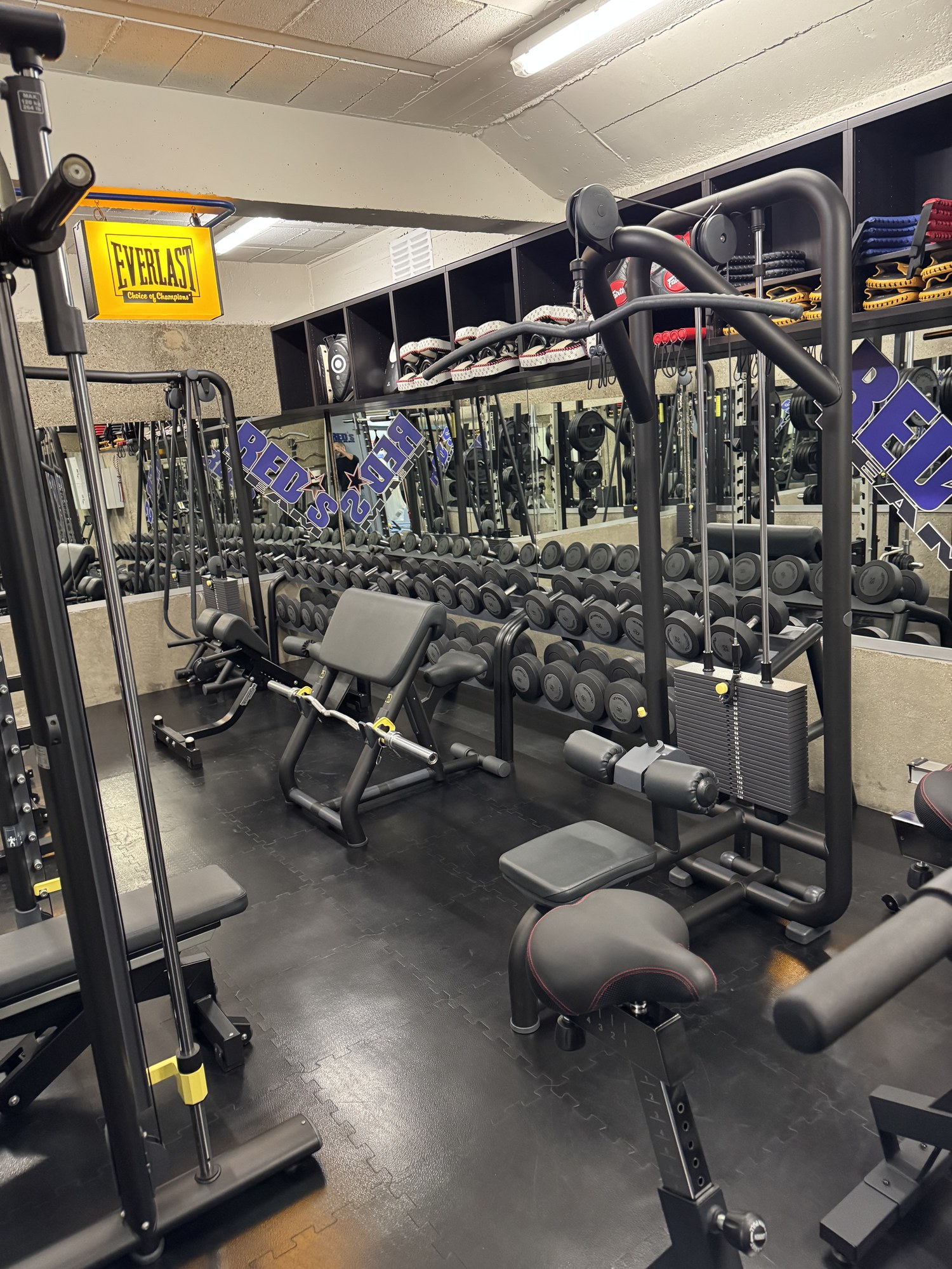 Espace musculation avec poulie vis-à-vis, racks à haltères et bancs Technogym
