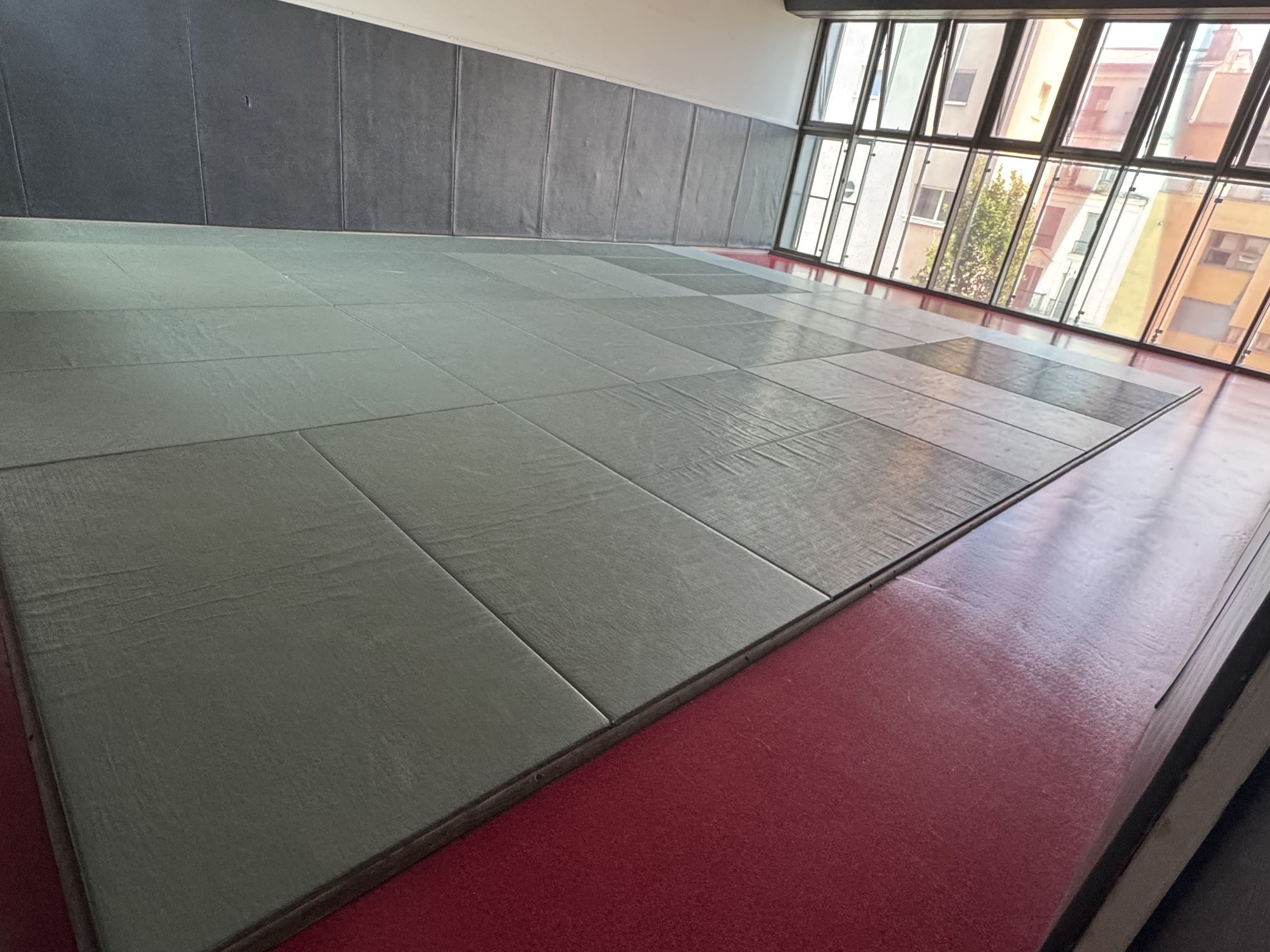 Tatami du dojo avec ses grandes baies vitrées sur l'extérieur